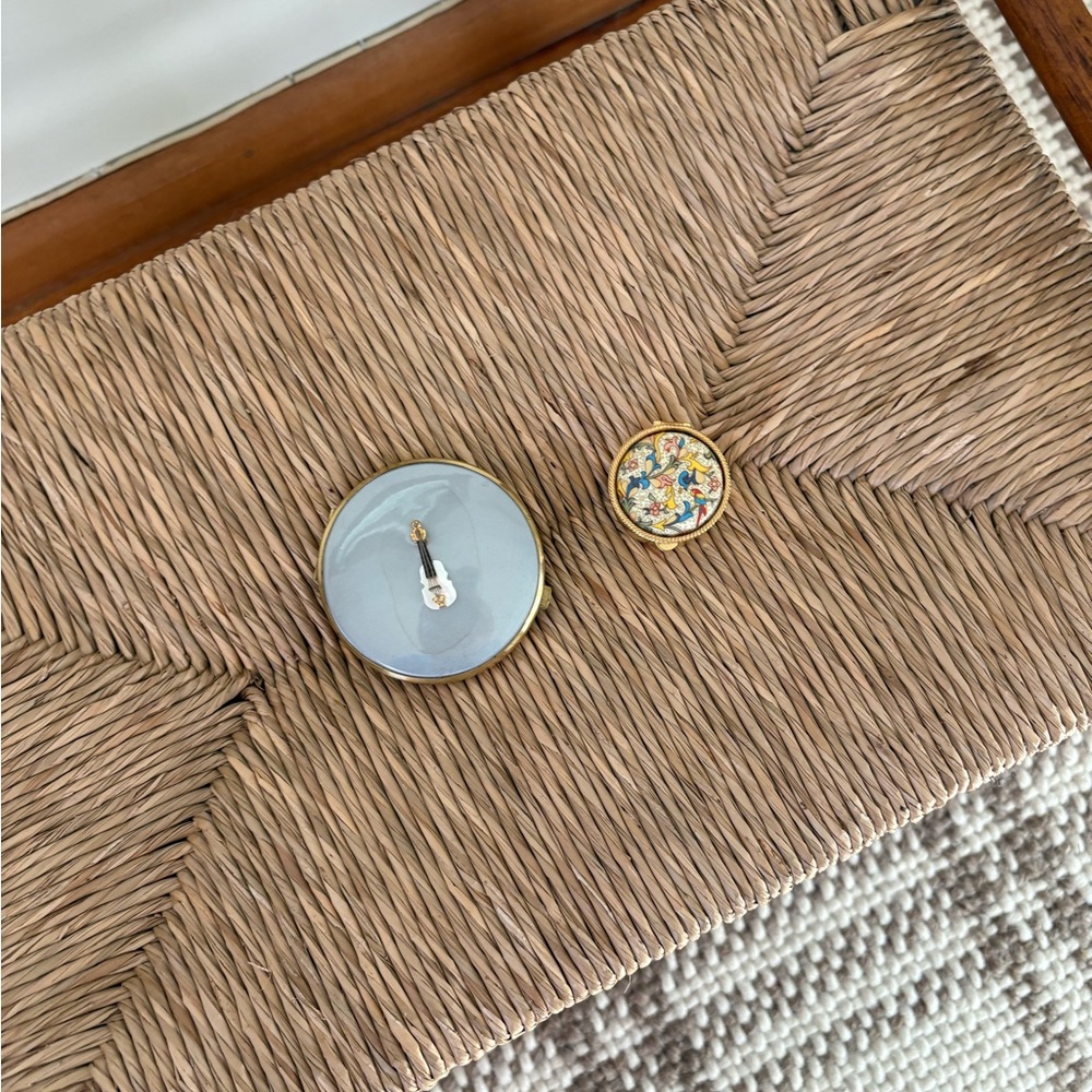 Pale Blue Mirror with Violin Detail and Italian Painted Pill Box Set